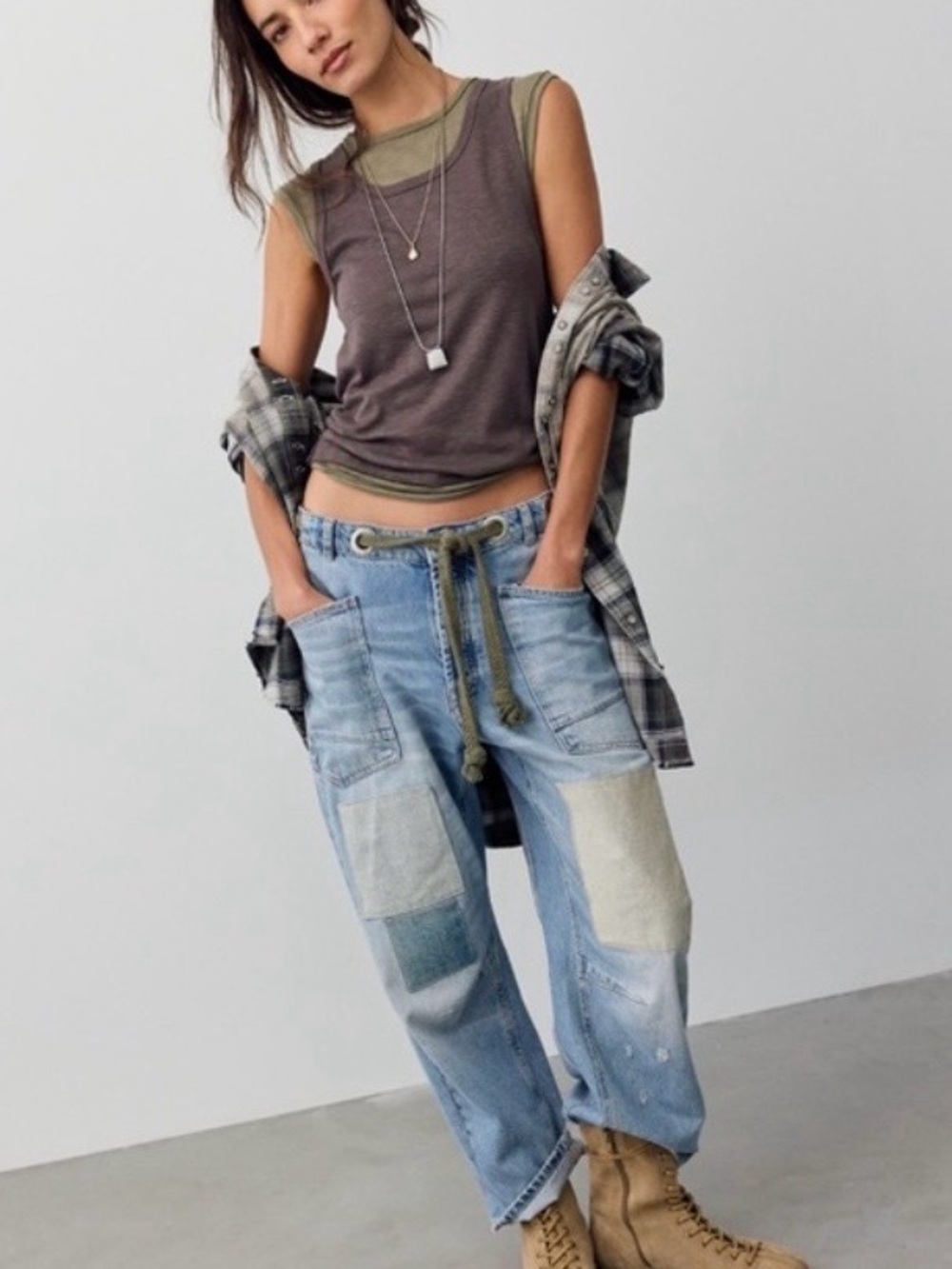 We The Free Moxie Light Blue Patchwork Relaxed Jeans with Drawstring
